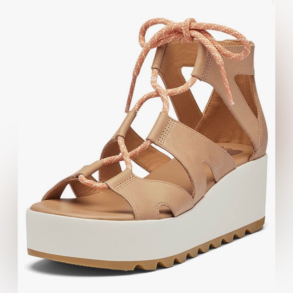 Sorel Women's Cameron Flatform Lace Sandals Honest Beige, Gum 17